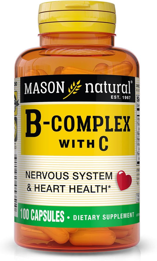 MASON NATURAL Vitamin B-Complex with Vitamin C - Healthy Heart and Nervous System, Improves Immune Function and Energy Metabolism, 100 Capsules