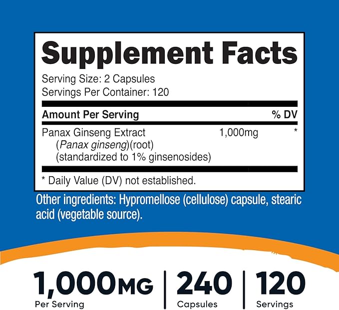Nutricost Panax Ginseng 1000mg, 240 Capsules - Non GMO, Gluten Free, 120 Servings