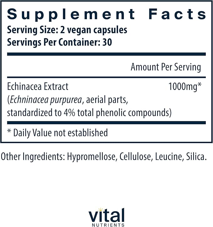 Vital Nutrients Echinacea Extract 1000mg | Vegan Echinacea Immune Support Supplement | Gluten, Dairy, Soy Free | Non-GMO | 60 Capsules