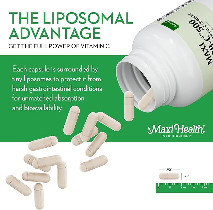 Maxi Health Liposomal Vitamin C 500mg Capsules with Digestive Blend, Highly Absorbable High Dose VitaminC, Non GMO Kosher Vegetarian Doctor-Formulated Immune Support Supplement (90 Count)