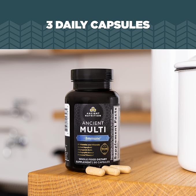 Ancient Nutrition Multivitamin for Immune Support, Immune, 21 Vitamins and Minerals with Vitamin D & C, Turmeric, Supports Immunity, Stress Relief and Heart Health, Keto Friendly, 90 Capsules