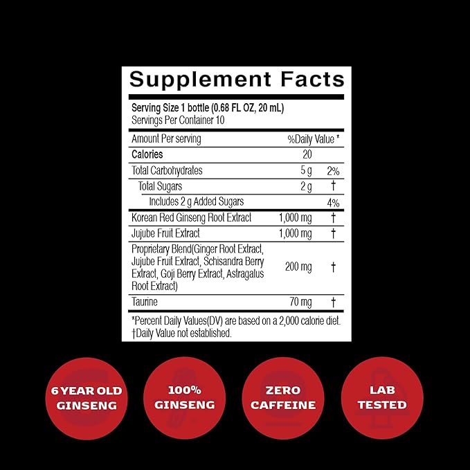 JungKwanJang Vital Tonic Korean Red Ginseng, Ginger, Fruit Blend Wellness Shots for Energy, Focus, Circulation and Immunity Supplement, 10 Count