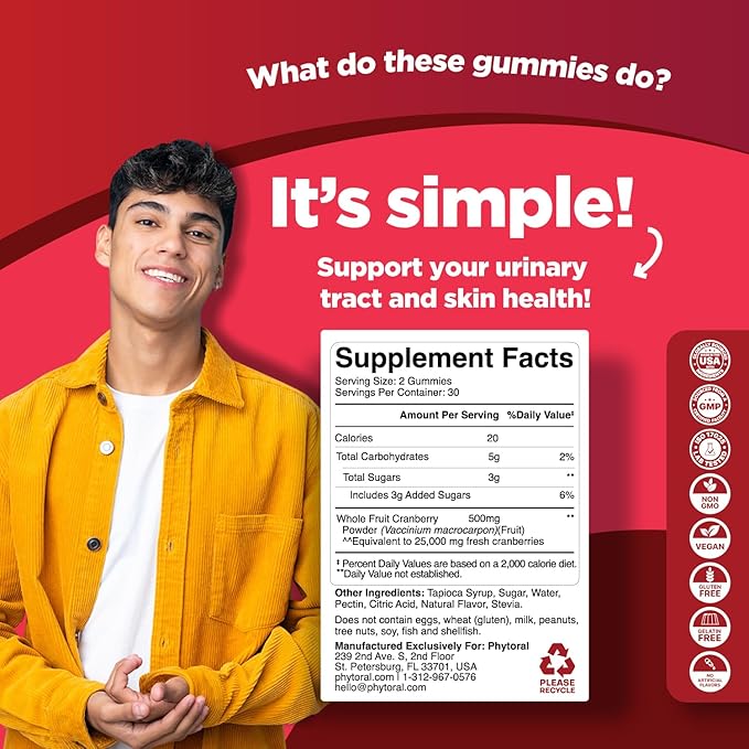 Phytoral Extra Strength Cranberry Gummies for Women - Delicious Potent Supplement and Men Bladder Kidney Urinary Tract Health Support Daily Vitamins (30 Servings)
