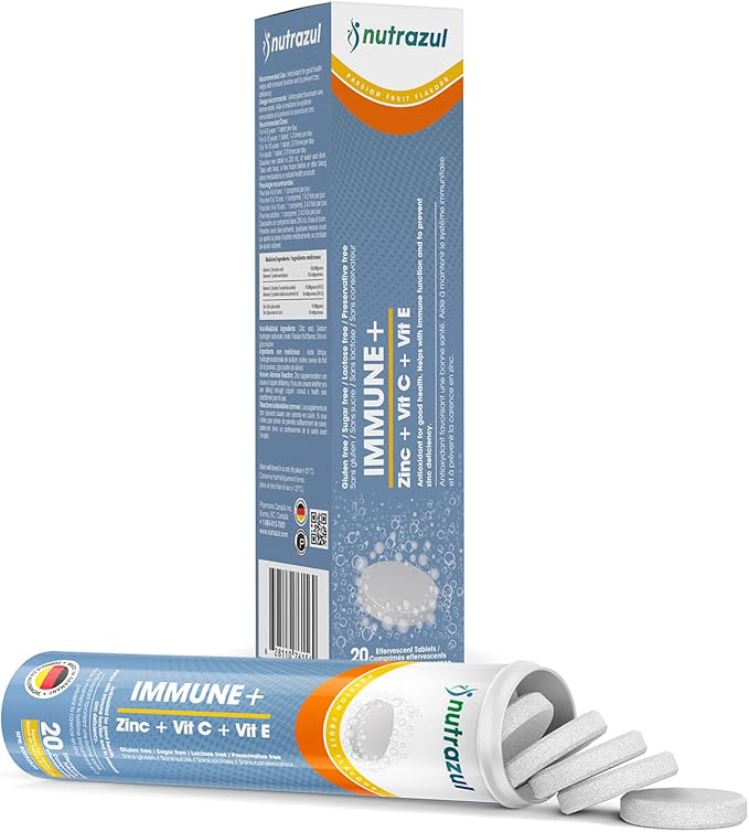 nutrazul Immune+ Effervescent Tablets | Vitamin C and Zinc with Vitamin E | 20 Tablets | Immune Support for Adults & Kids | Ideal for Flu Season Protection | Passion Fruit Flavor