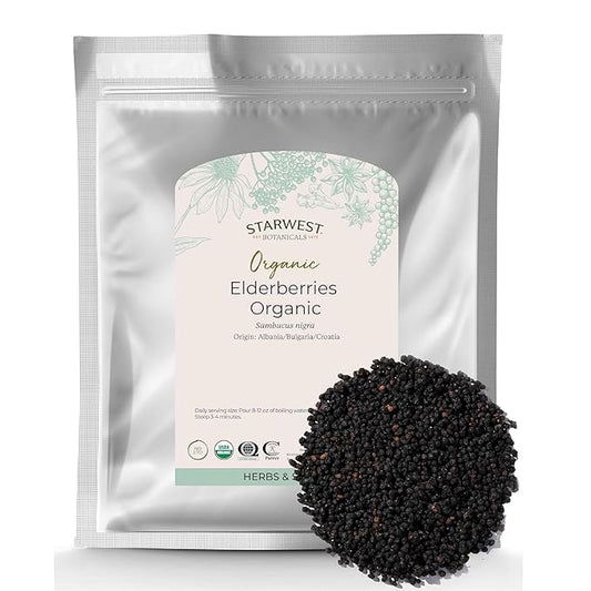 Starwest Botanicals Organic Elderberries - Dried Elderberries for Syrup, Tea, Gummies, & Jam, Natural Immune Support, Certified Kosher, Non-GMO - Bulk 1 lb Bag
