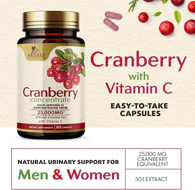 Cranberry Concentrate Extract Supplement for Women & Men + Vitamin C - 25,000mg Formula for Urinary Tract Health Support, Non-GMO and Gluten Free, Cranberry Pills Supplement - 60 Capsules