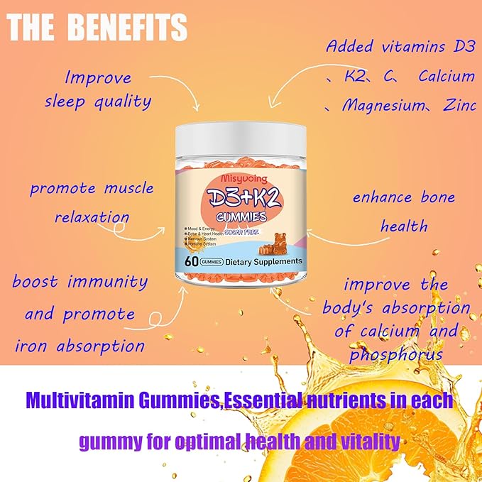 Vitamin D3 K2 Gummies Sugar-Free,Vitamin D3 10000 IU with K2 200mcg,VitaminC,Calcium,Magnesium,Zinc,Support for Bones,Joints,Muscles,Nerves,and Immune System