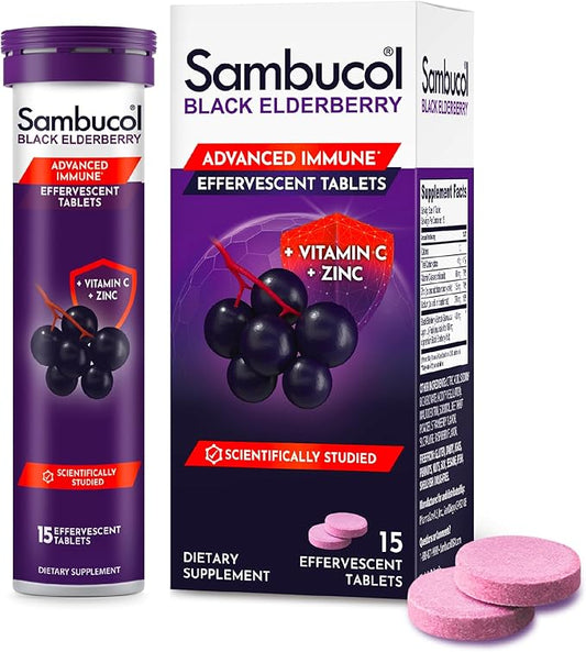 Sambucol Black Elderberry Effervescent Tablets - Elderberry with Zinc and Vitamin C for Adults, Elderberry Dissolving Tablets, Berries - 15 Count