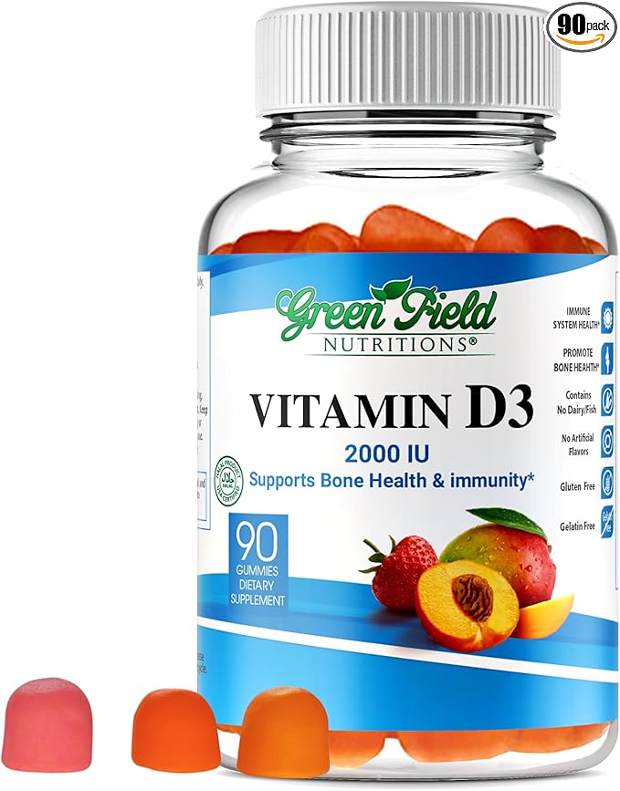 Greenfield Nutritions Halal Vitamin D3 Gummies for Adults - 2000 IU (50 mcg), 90 Gummy Halal Vitamins - Non-GMO Gluten Gelatin Free Vegetarian Halal Vitamin D - Supports Bone Heart & Immune Health