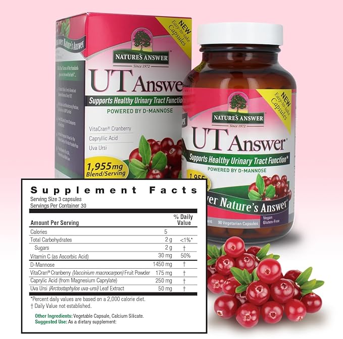Nature's Answer UT Answer with D-Mannose 1955mg 90-Count | Urinary Tract & Bladder Support | Natural Detox | Gluten-Free, Vegan, Kosher | Single Count