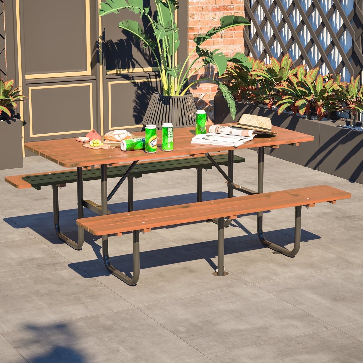 72" Wood Picnic Table w/Umbrella Hole for Outdoor, Rectangle Patio Dining Table and Bench Set, Heavy-Duty Picnic Beer Table Bench Set for Garden, Lawn & Backyard, Brown