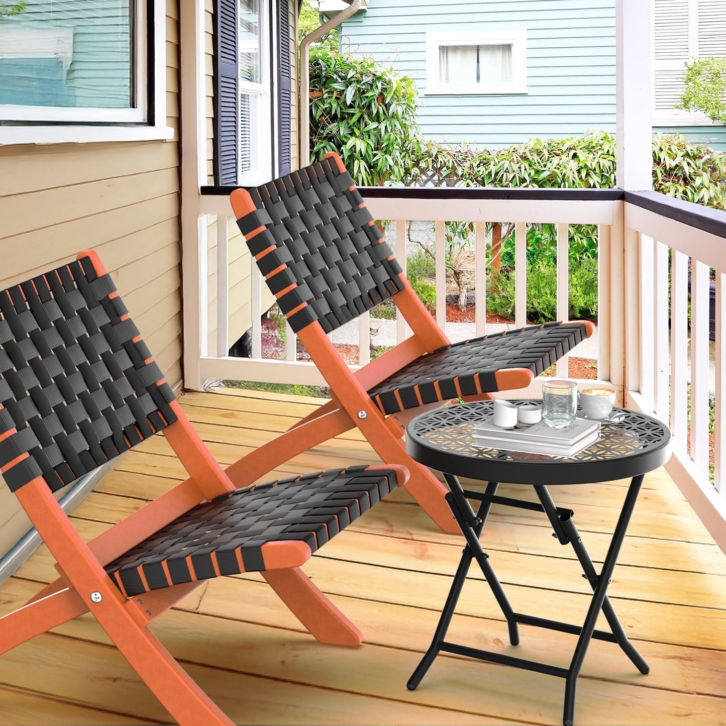 Ktaxon Folding Side Table, Patio Small End Table with X-Shaped, Outdoor Metal Floral Pattern Table for Balcony  Porch Backyard Deck, Black