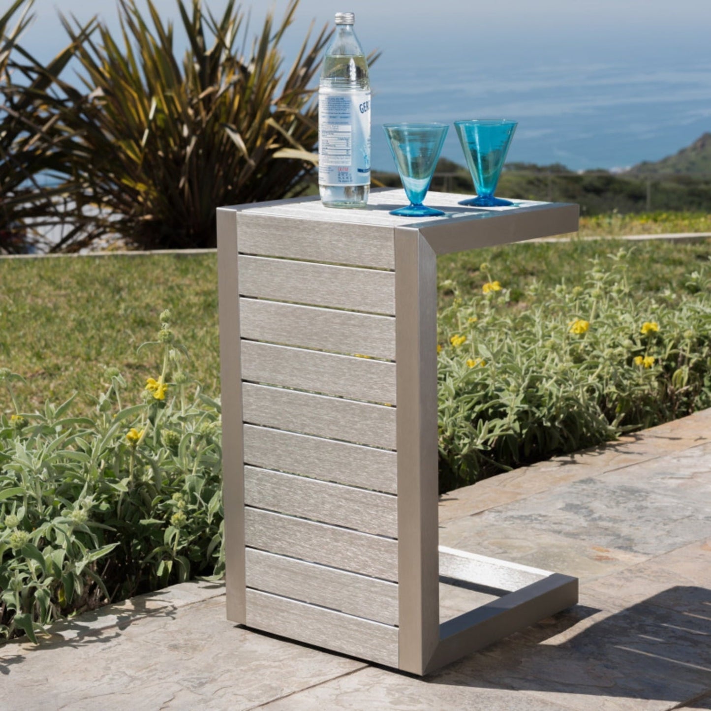 Silver C-shape Patio Side Table For Chairs, Aluminum Outdoor End Table