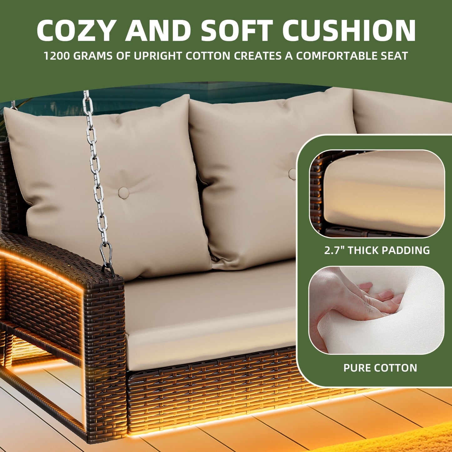 Uforic 3-Seat Outdoor Wicker Porch Swing with LED Lights & Brown Cushions, Patio Hanging Chair