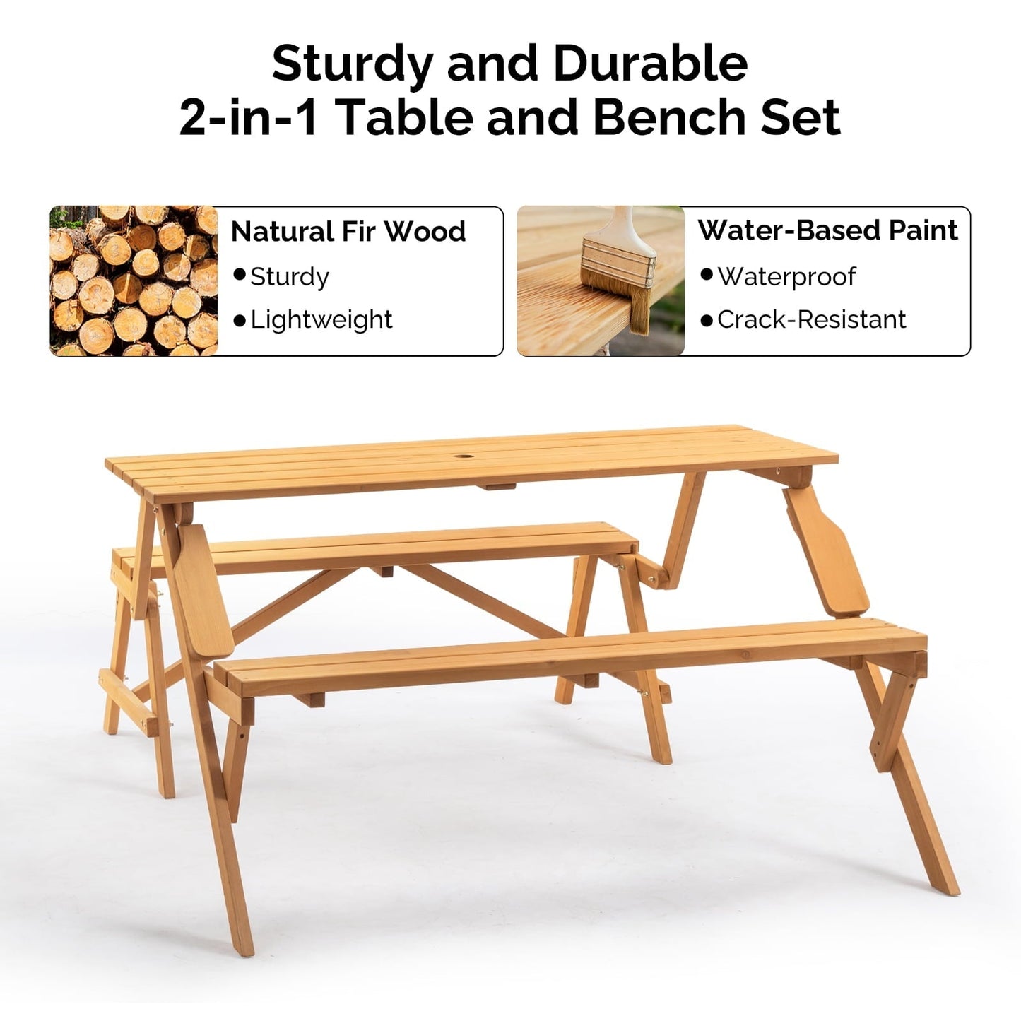 Ktaxon 2-in-1 Outdoor Interchangeable Wooden Picnic Table Set, Transforming Bench w/Umbrella Hole, Convertible Patio Bench for Backyard Porch Deck, Teak