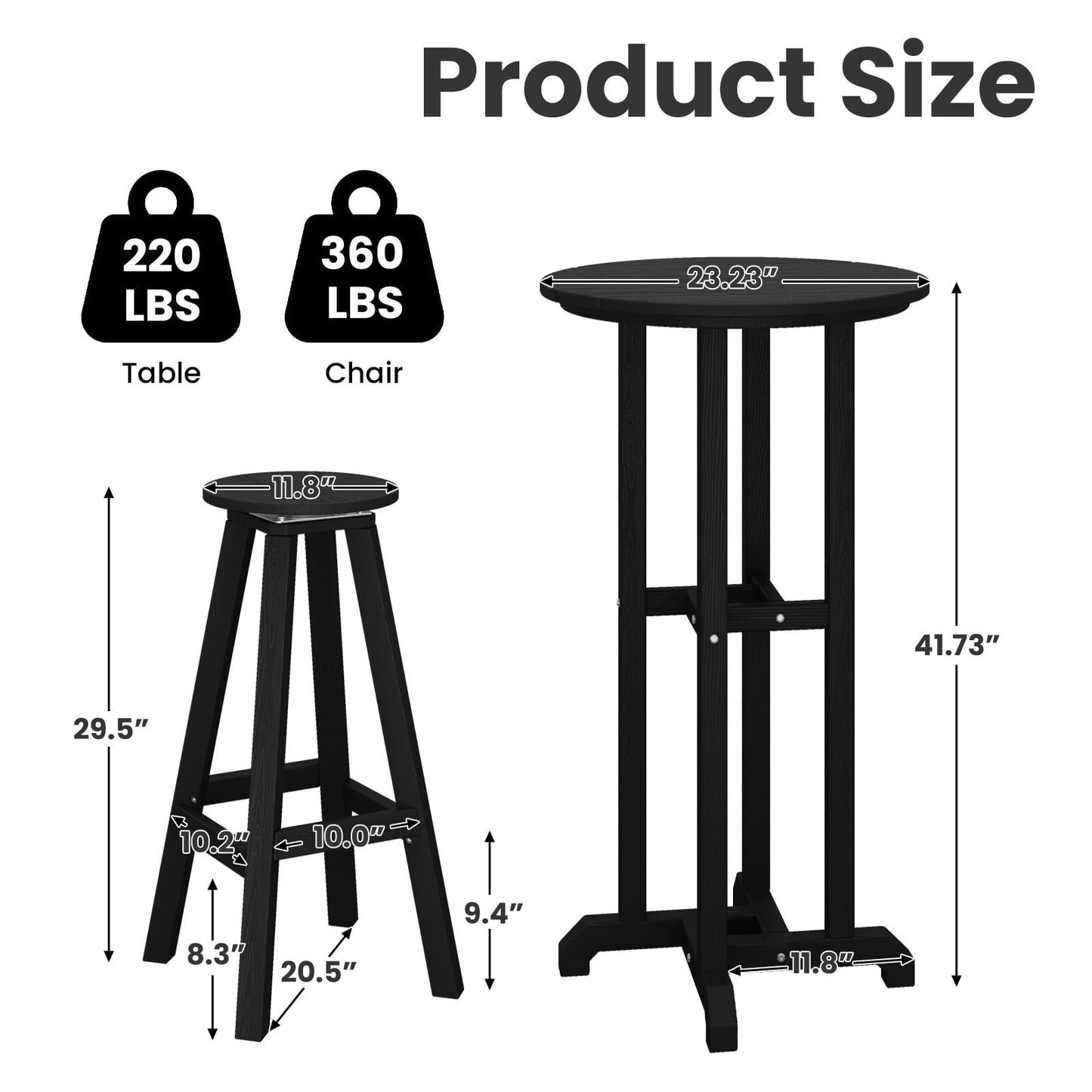 3-Piece Outdoor Bar Set – Weather-Resistant HDPE Bistro Furniture with Bar-Height Table & 2 Swivel Stools for Patio, Poolside, or Indoor Use,Black