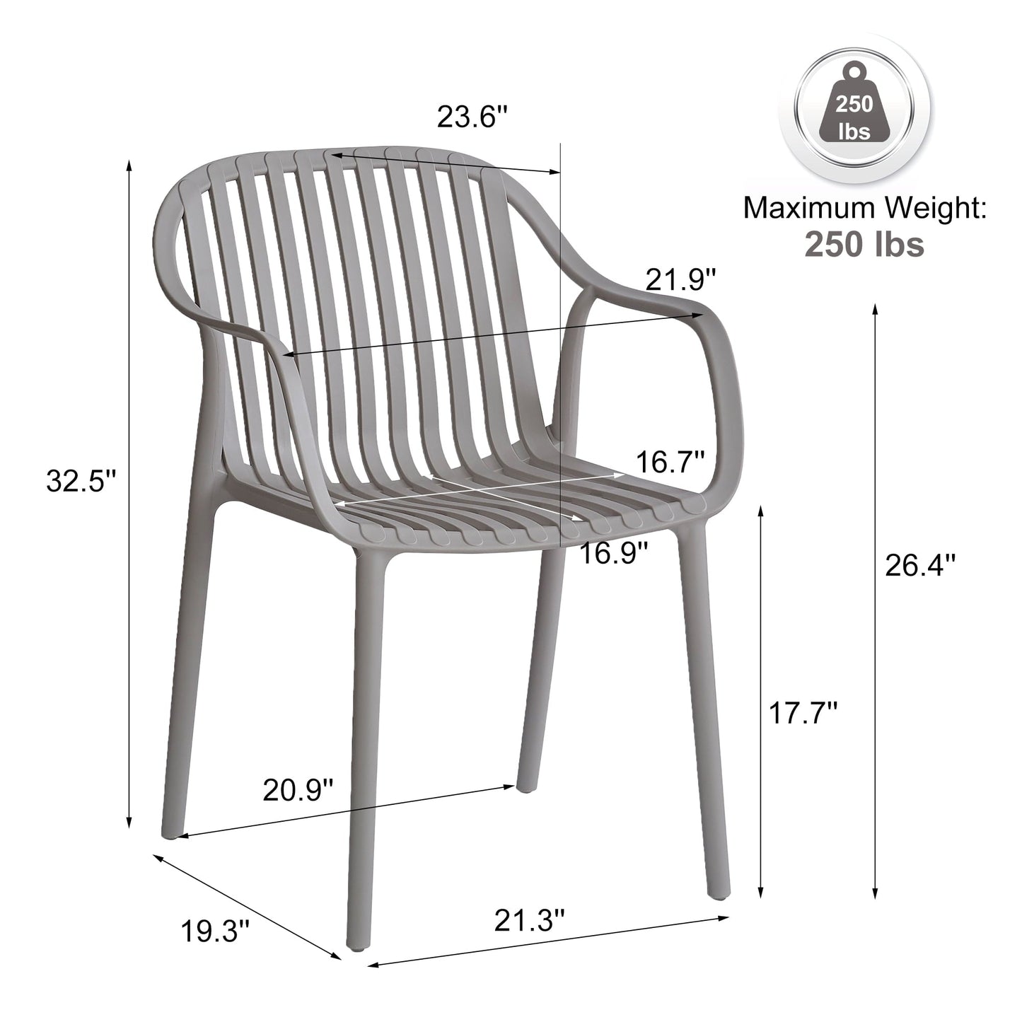 XDECO Stackable Dining Chairs Set, Breathable Modern Indoor/Outdoor Chair with Armrests & Backrest for Patios, Cafes,Home/Commercial Use, 250lbs Heavy Duty, Grey
