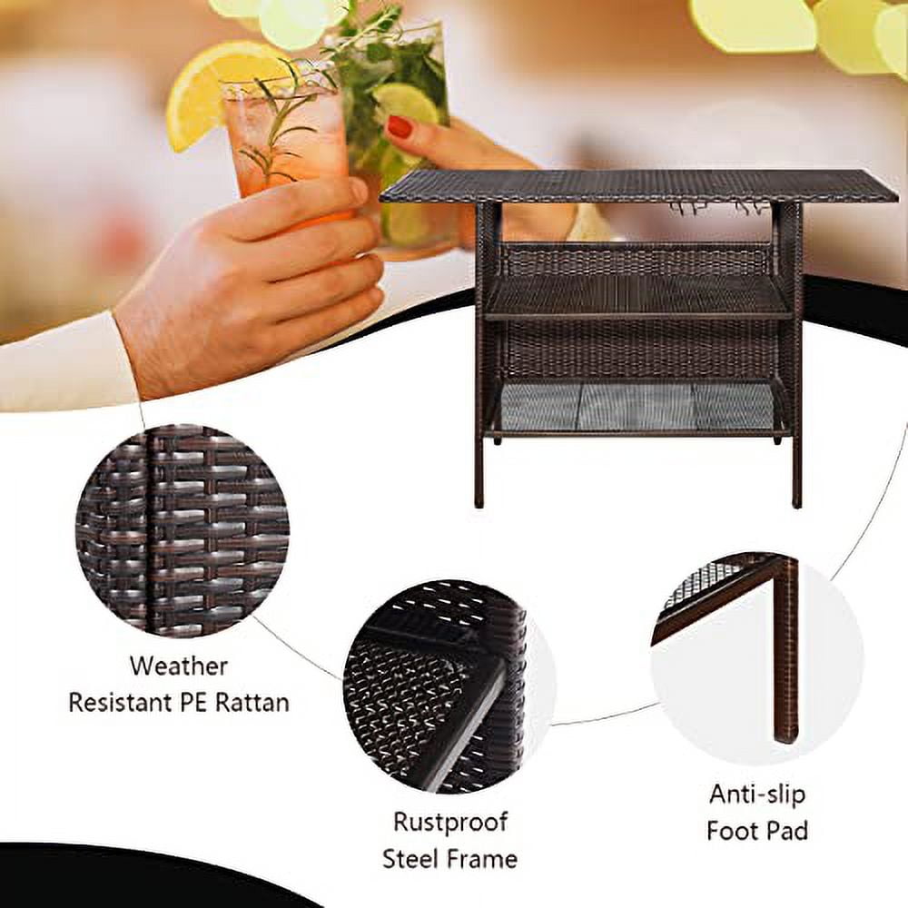 ReunionG Outdoor Wicker Bar Patio Rattan Counter Table with 2 Steel Shelves, 55.1" x 18.5" x 36.2"(L x W x H), Brown