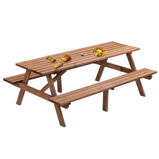 75-Inch Wooden Picnic Table, 8-Person Outdoor Dining Table with 2 Built-In Benches, 2,220 lbs Capacity, Durable Brown Wood for Garden, Patio, Camping, and DIY Projects(Brown)
