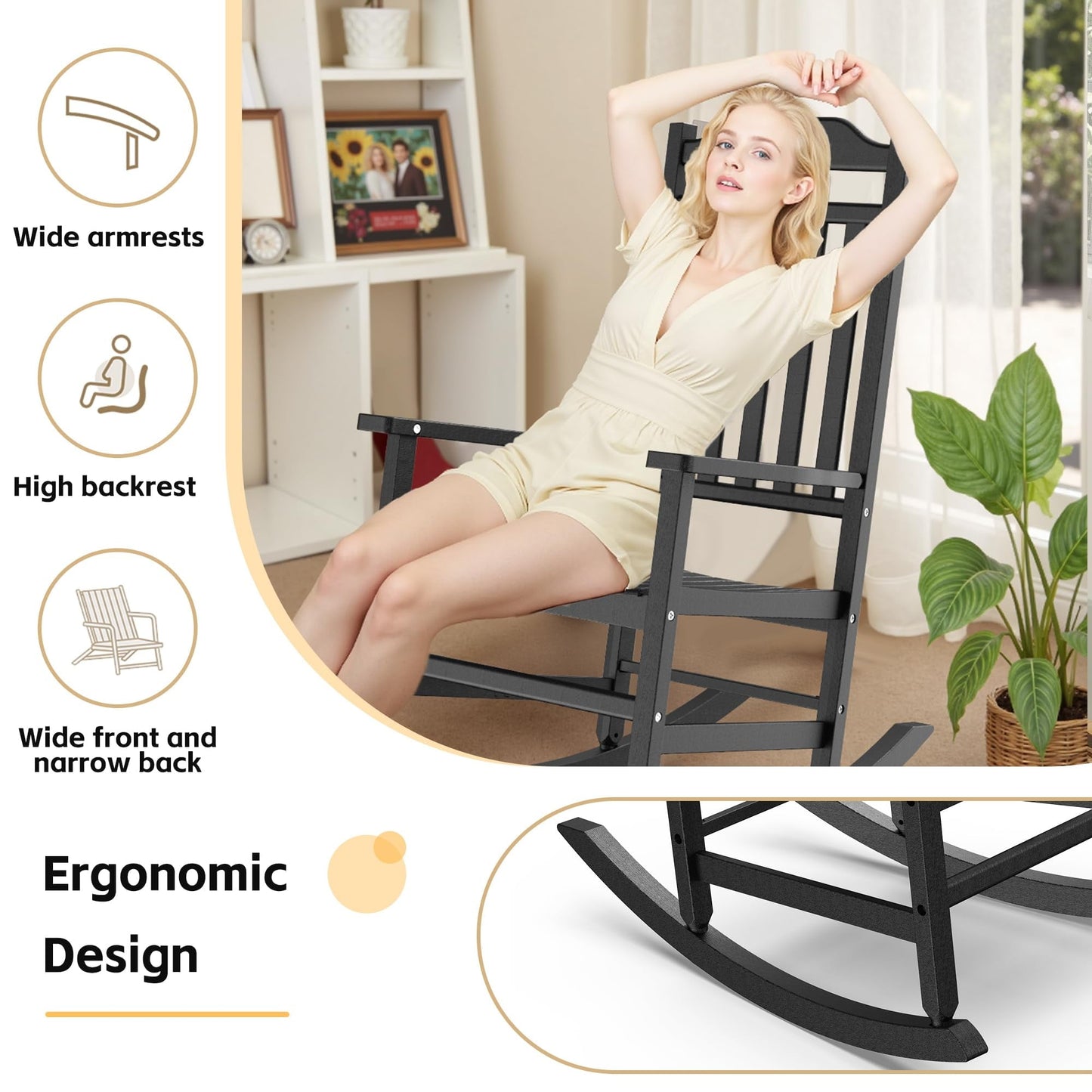 FICARTS High Back HDPE Outdoor Rocking Chair - All Weather Patio Porch Rocker with 44.92” Height (Black)