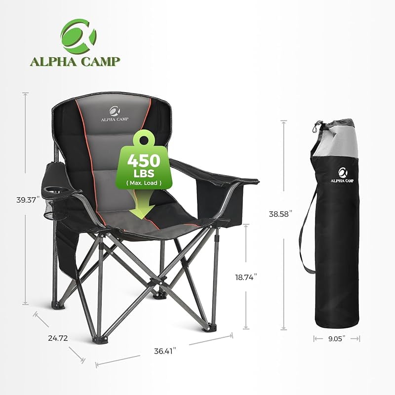Oversized Camping Folding Chair, Heavy Duty Support 450 LBS Steel Frame Collapsible Padded Arm Chair with Cup Holder Quad Lumbar Back, Portable for