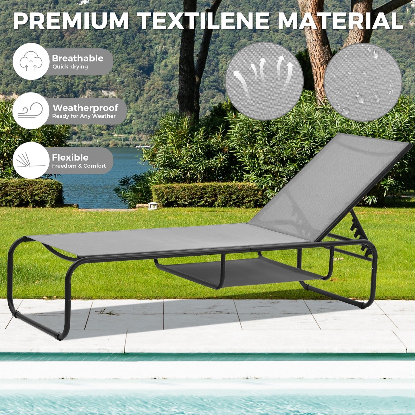 Ainfox Patio Lounge Chair Set of 2, Recliner with Adjustable 5-Position and Storage, Outdoor Chaise Lounge for Beach,Poolside,Grey/Grey