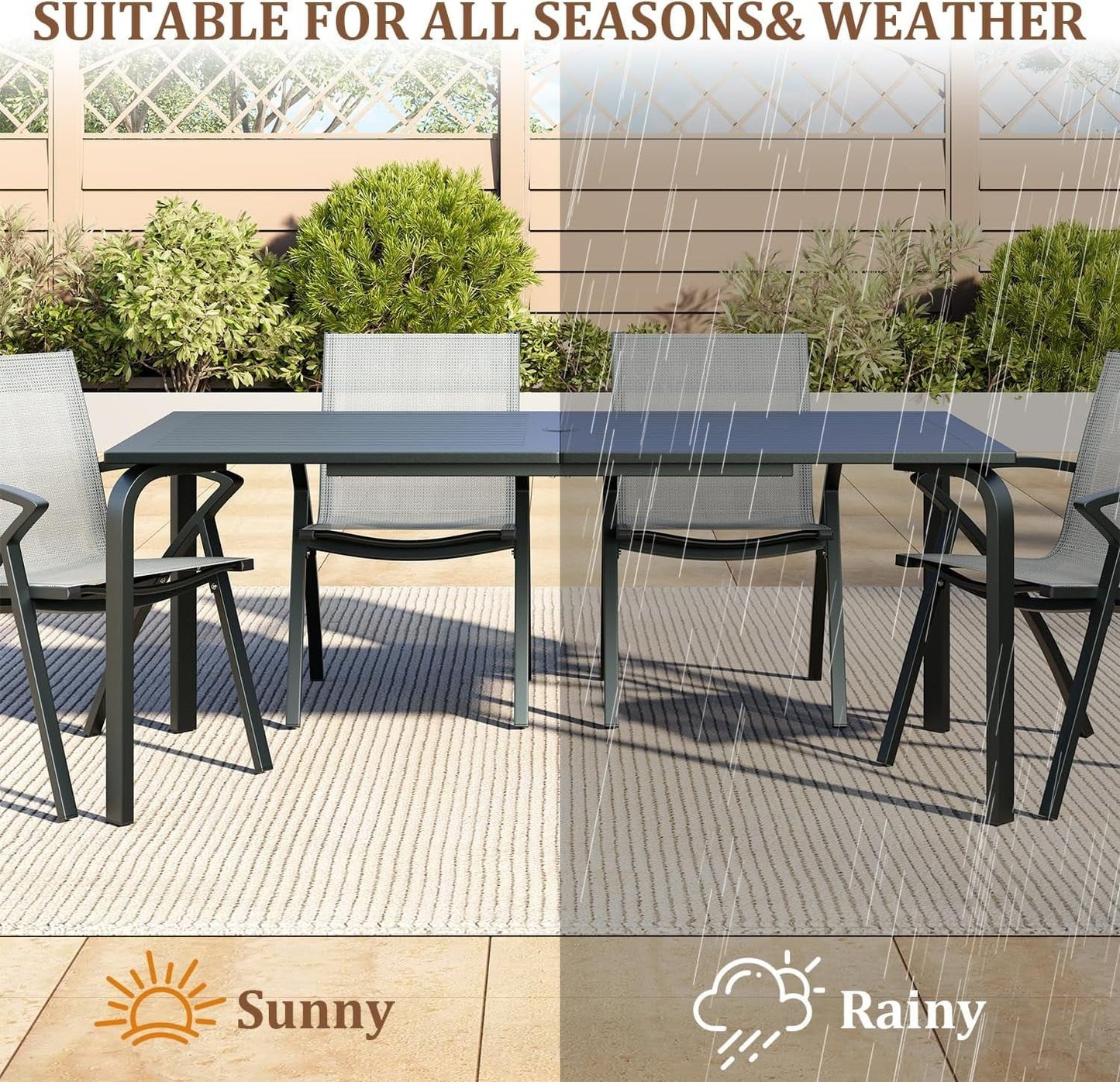 Wildbreak Outdoor Dining Table for 8 Person, 70.9 x 35 x 29", Slat Top & Umbrella Hole, Gray