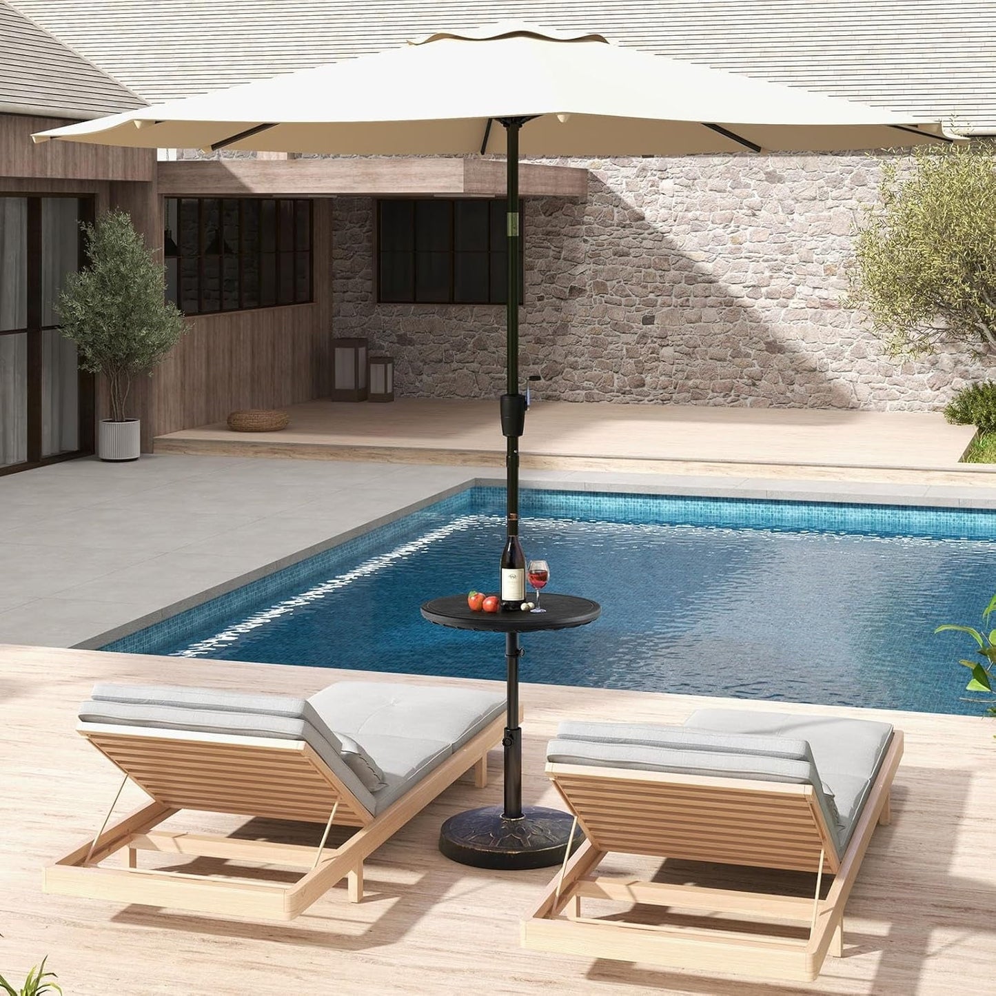 SUPQ Umbrella Pole Table Tray - 20" Outdoor Side Table with 1.5" Umbrella Hole, Height Adjustable Knob, All-Weather PE Matrial, for Patio, Backyard, Deck, Garden, Poolside, Black