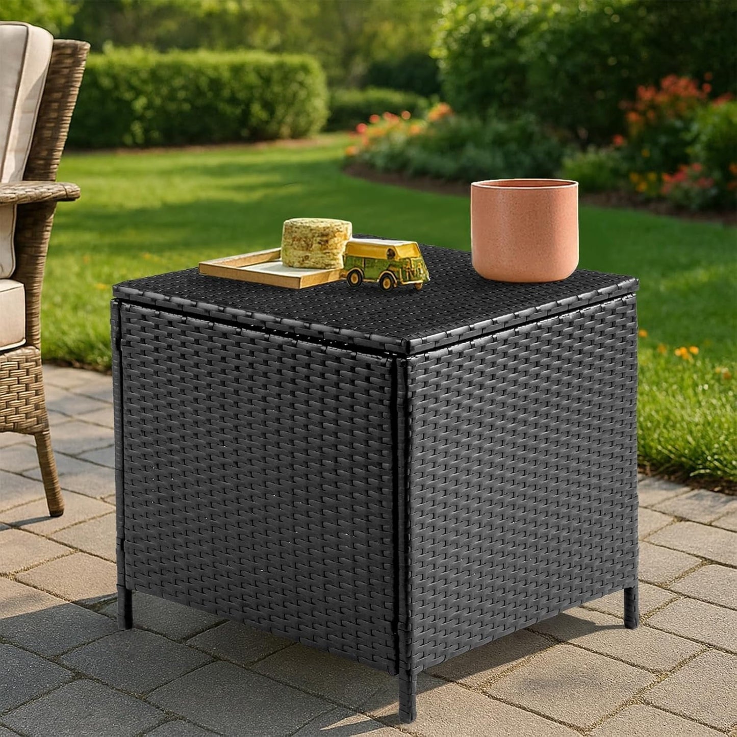 GaoJ Outdoor Side Table, Rattan Coffee Table with Storage 27 Gallon Patio Small Deck Storage Box for Cushion Towel Books, Brown Side Table with lid，Black