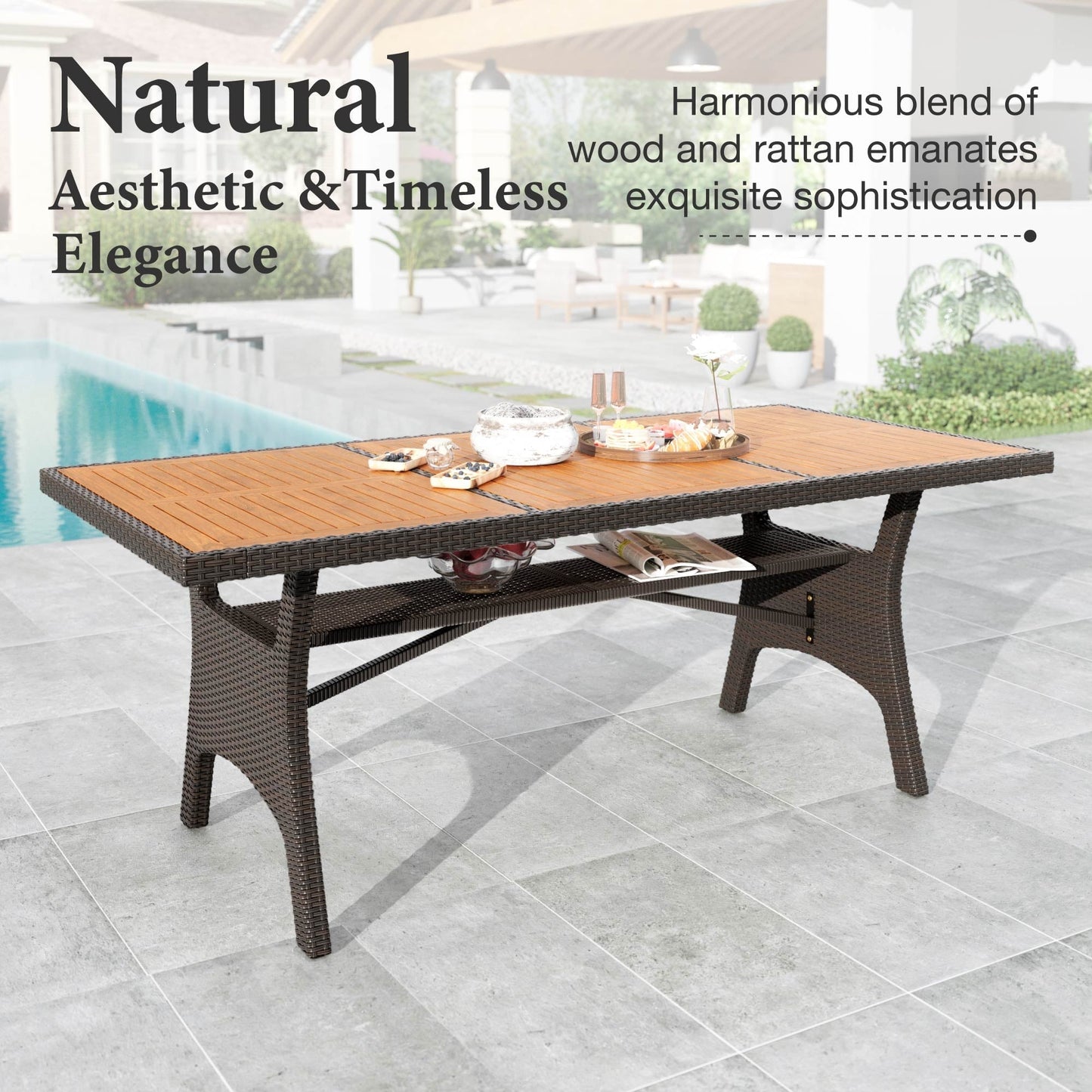 MF Studio 74.8" Patio Table with Acacia Wood Tabletop, 8-Person All-Weather Rattan Outdoor Dining Table, Brown