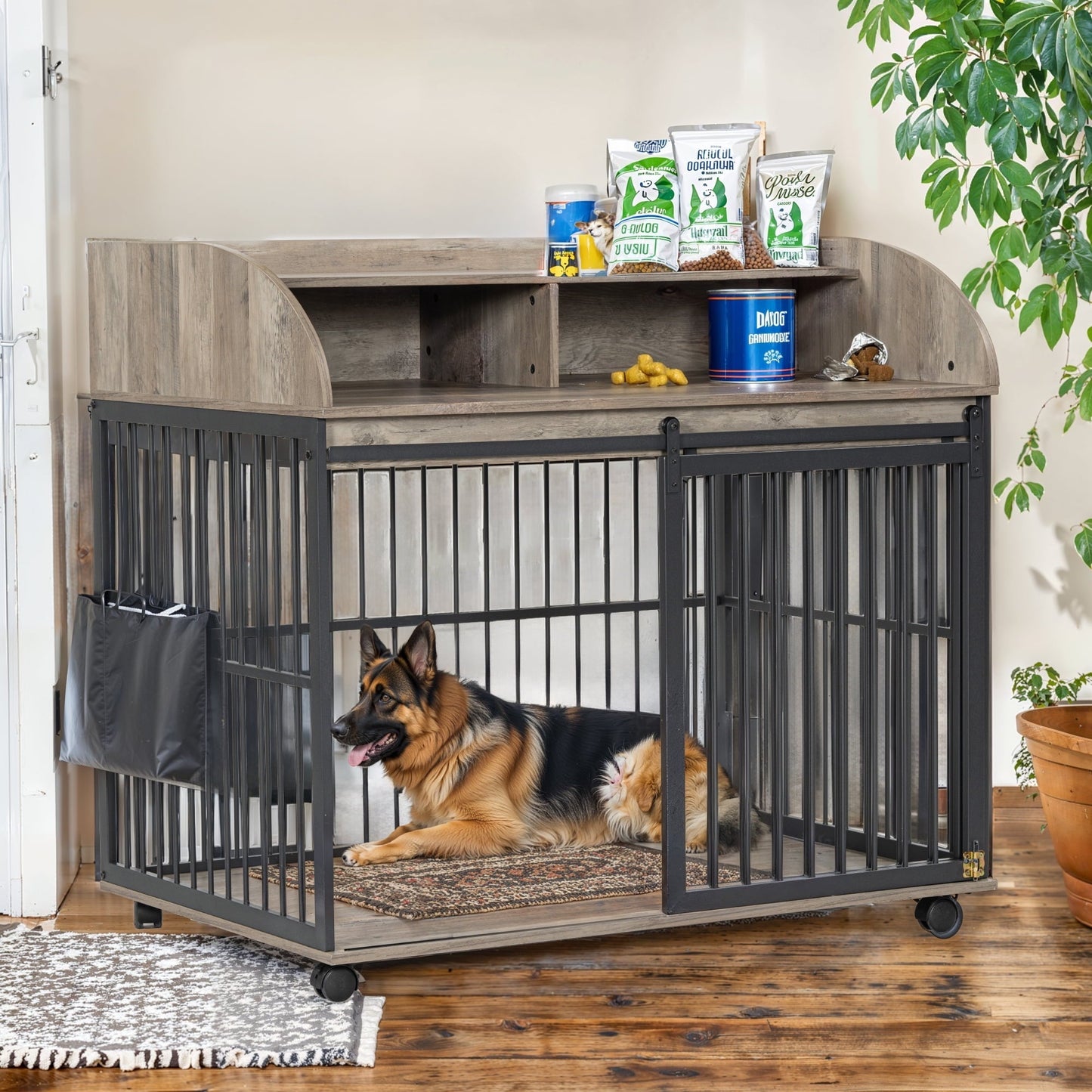 Noaman GO 44'' Heavy Duty Large Dog Crate Furniture with Lockable Wheels, Wooden Dog Kennel & End Table with Double Layer Storage, Gray