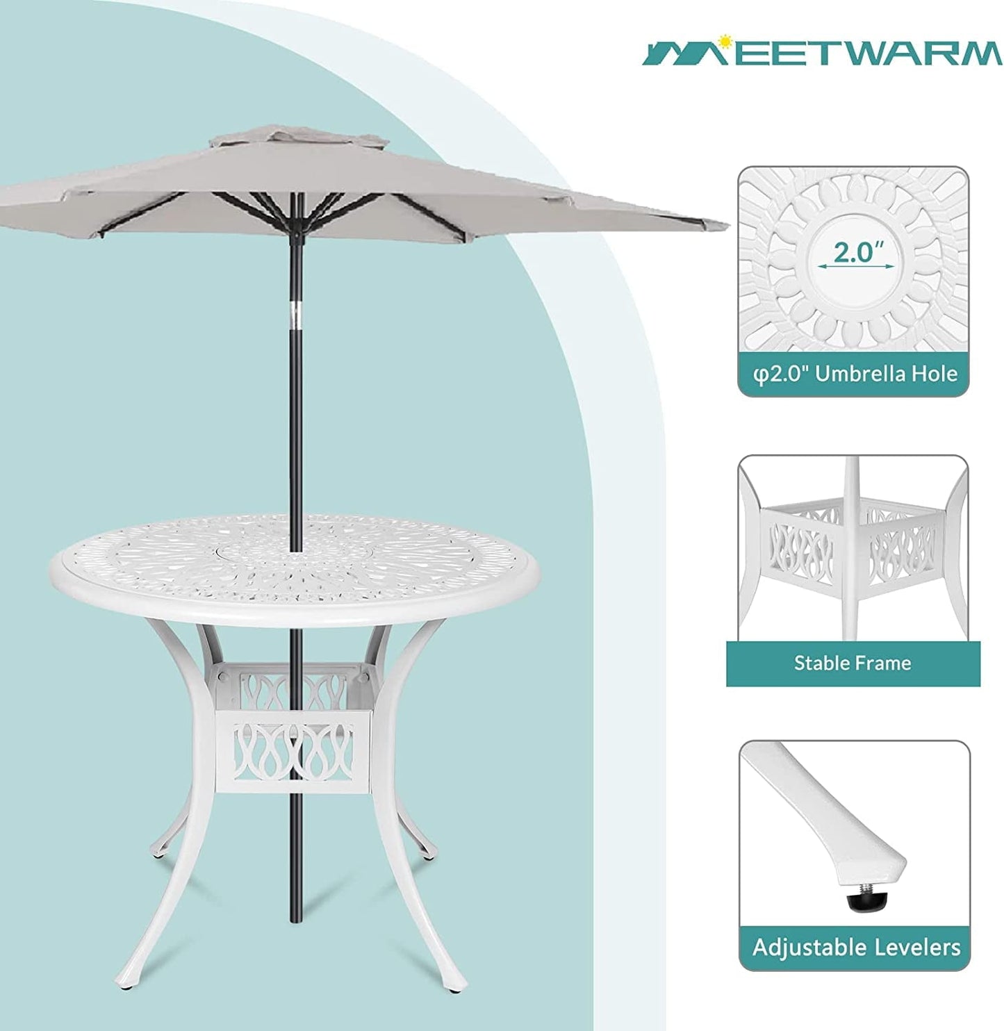 MEETWARM 35.4" Round Patio Dinning Table, Outdoor Cast Aluminum Dinning Table with 2" Umbrella Hole, White