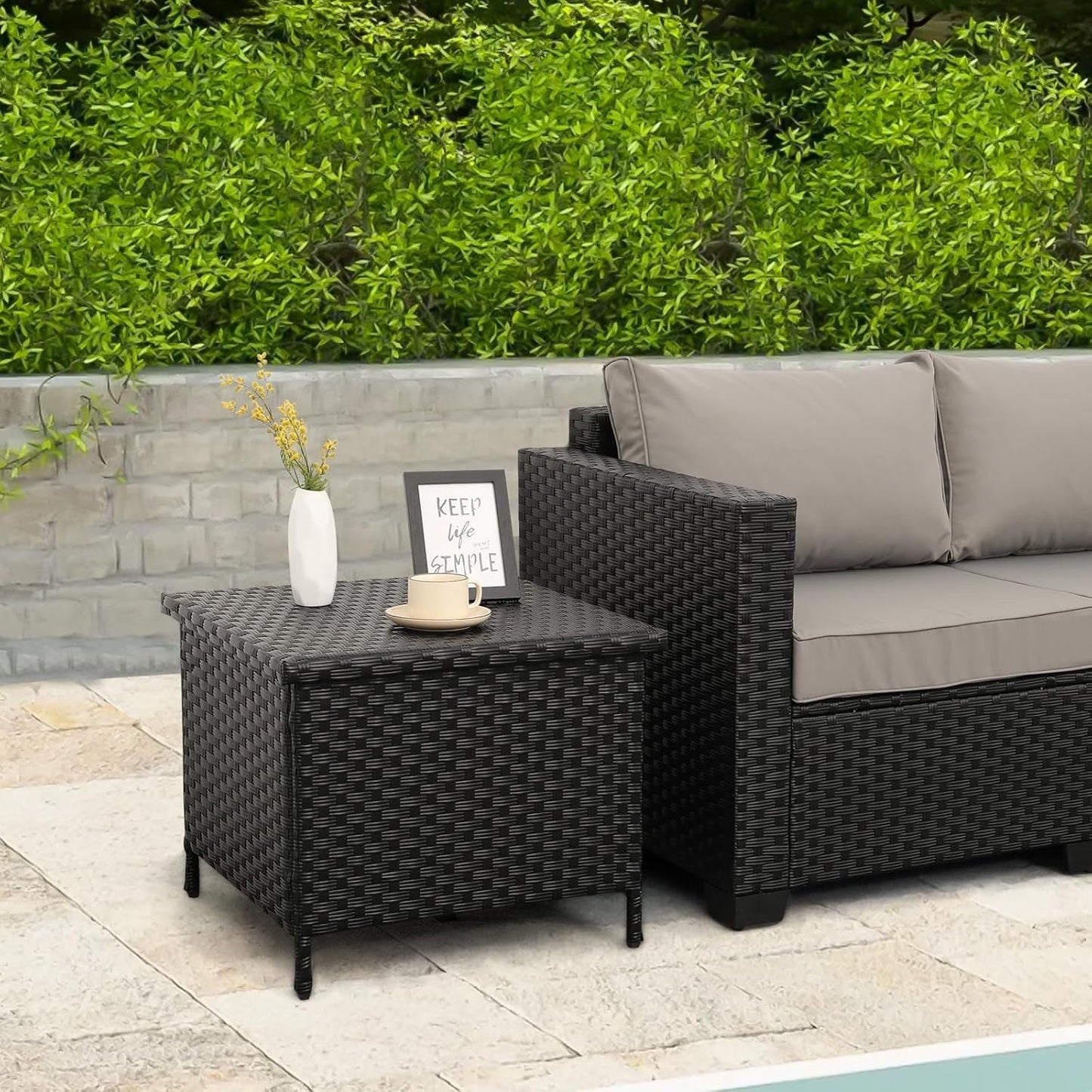 VibrantEcho Outdoor PE Wicker Side Table with Storage Patio End Table Resin Rattan Storage Table for Garden Backyard Porch Poolside, Black