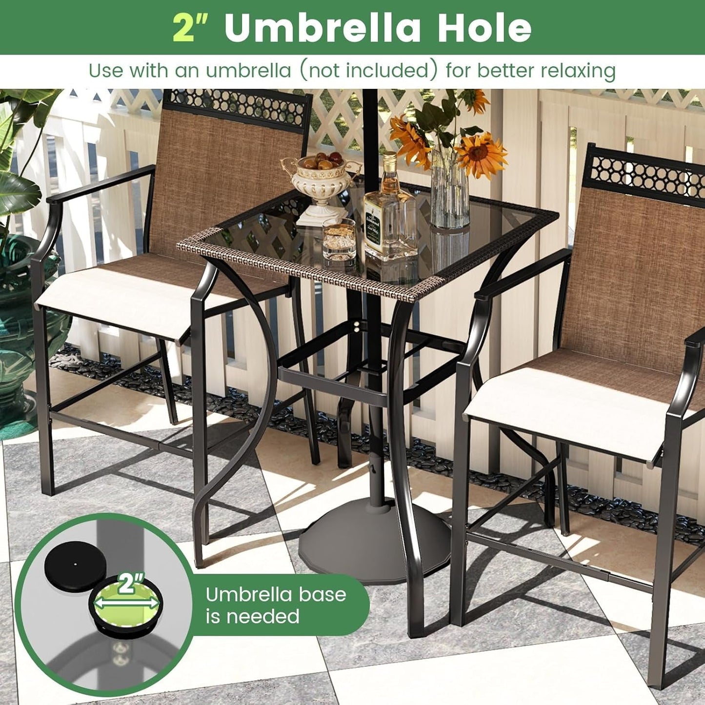 ZOPan 37” Height Bistro Table with Umbrella Hole, Tempered Glass Top & Wicker Covered Edge, Counter Height Square Outdoor Bar Table for Garden, Patio, Poolside & Deck