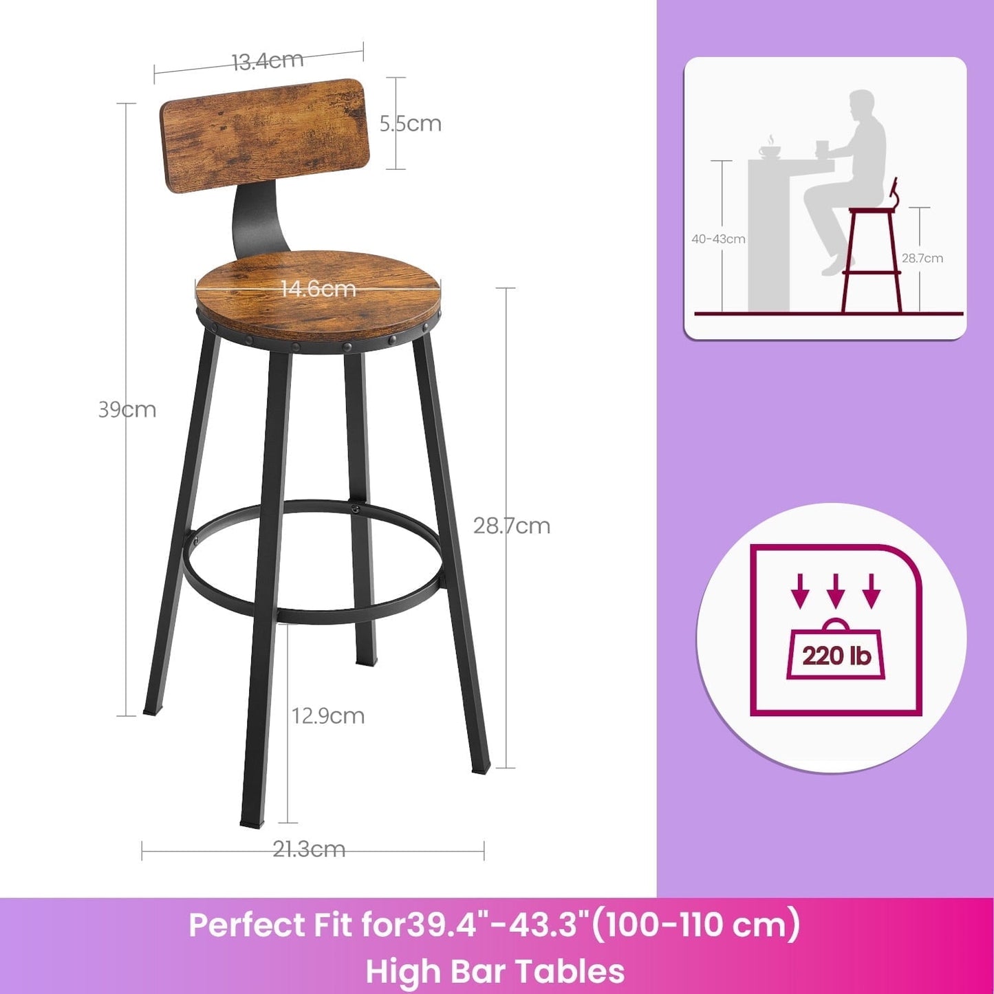 LEDREM Bar Stools Set of 2, Counter Height Barstools with Backrest & Footrest, 28.7" Sturdy Steel Frame, Ergonomic Design for Kitchen,Dining,Bar, Rustic Brown & Black