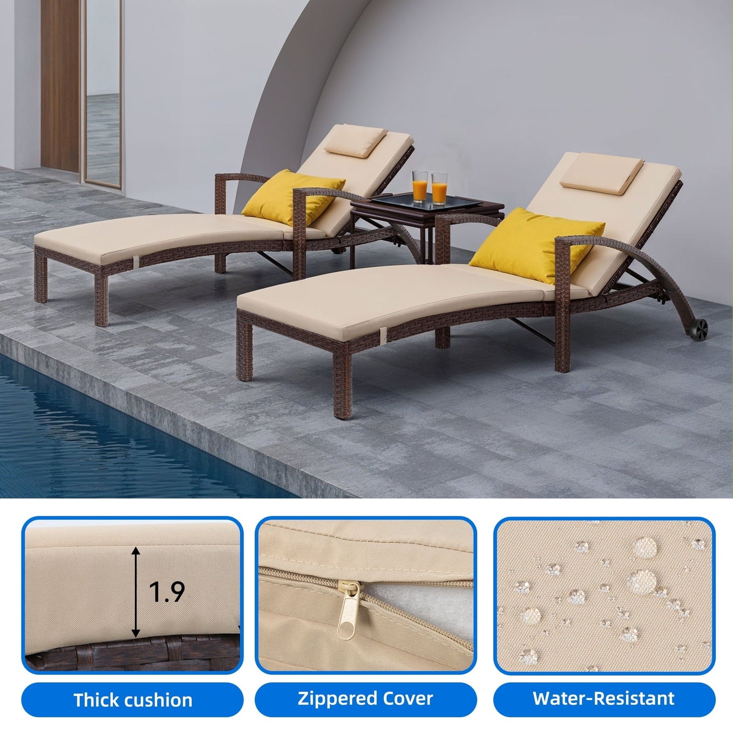 Dextrus 2 Pcs Outdoor Chaise Lounge Chairs, Rattan Wicker Patio Pool Loungers with Cushion & Adjustable Backrest, Arm, Pillow, Wheels