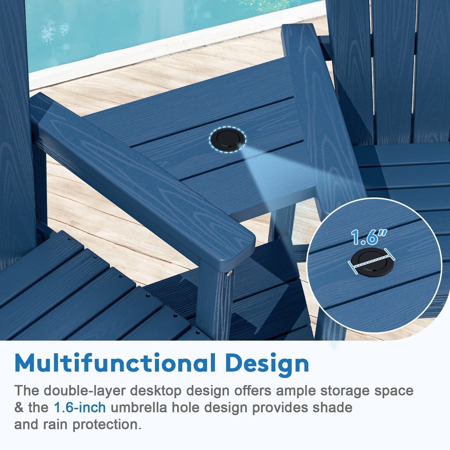 JUSTLET Tall Adirondack Chair Set of 2 with Double Connecting Tray, HDPE Outdoor Weather Resistant Patio Bar Stools, Navy Blue