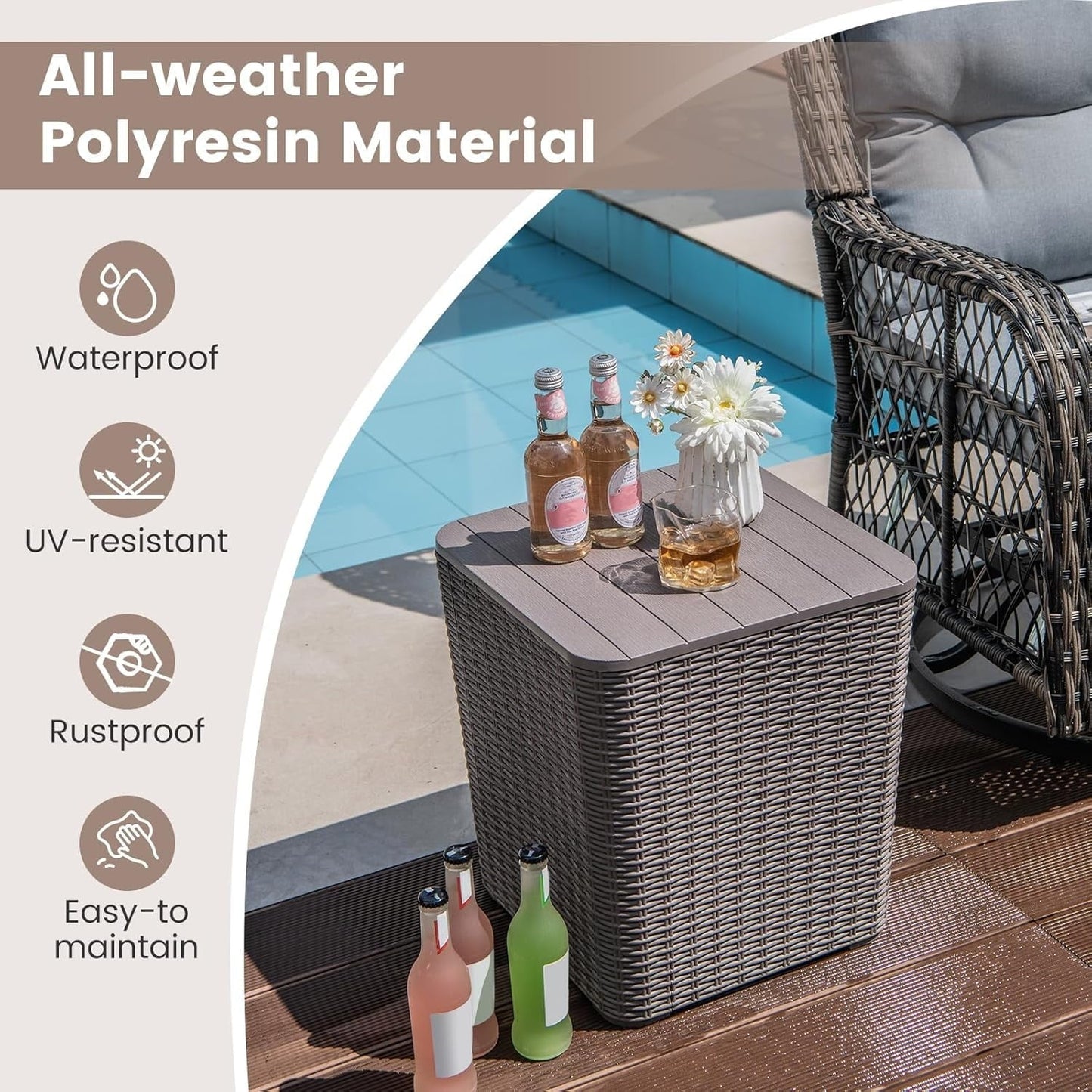 zzppy 11.5 Gallon Deck Box, Outdoor Side Table with Removable Lid, Faux Wicker-Woven, 330Lbs Capacity, Outside Waterproof Storage Box, Resin Rattan Small Coffee Table for Patio Poolside (Brown)