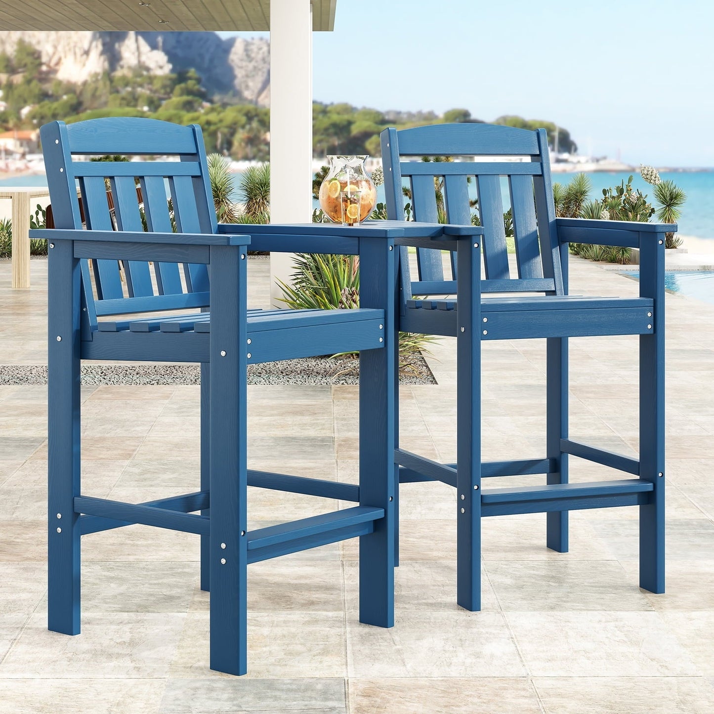 STARY Tall Adirondack Chairs Set of 2, HDPE Adirondack Bar Stools with Connecting Tray, Bar Height Adirondack Chair Patio Barstool, Ideal All Weather Tall Patio Chair for Balcony, Poolside, Backyard