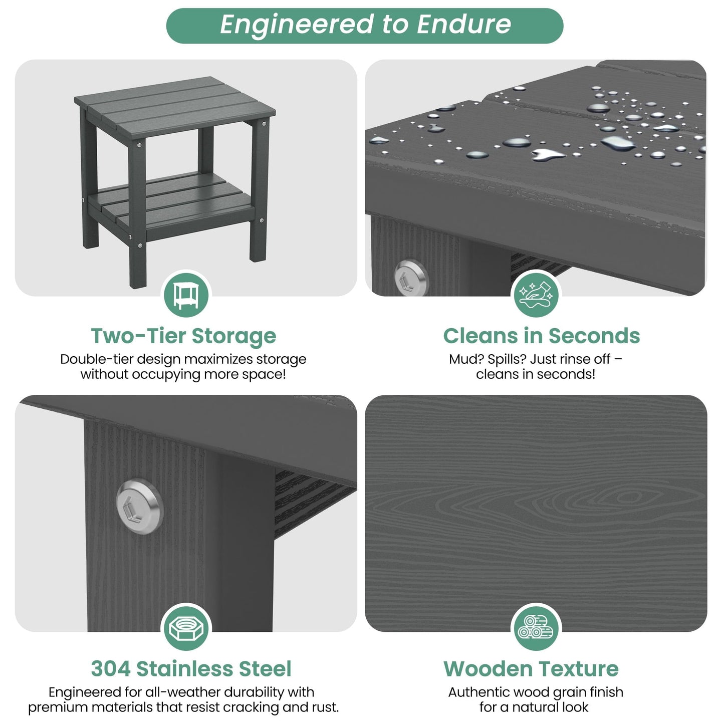 KINGYES 2-Tier Outdoor Side Table, HDPE All Weather Adirondack Small Patio Tables, For Garden Balcony Pool Indoor, Gray