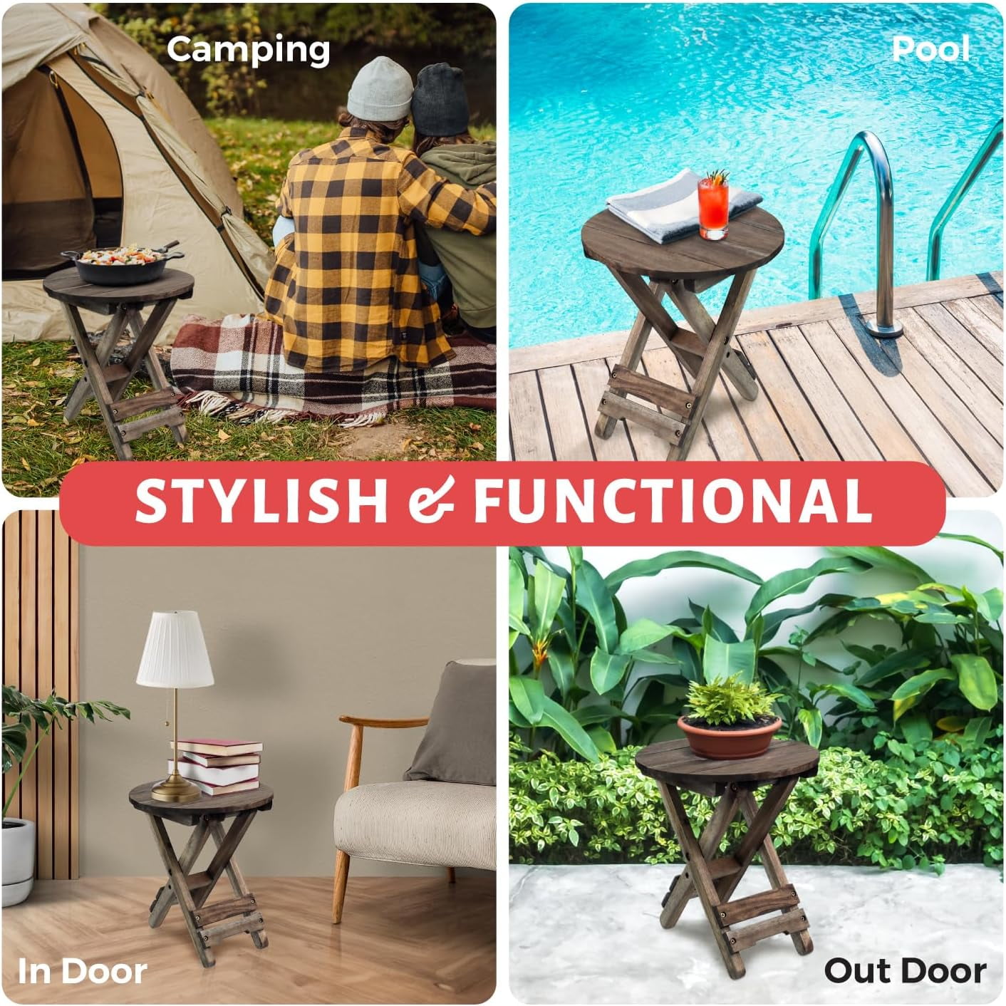 Small Patio Table, Outdoor Folding Side Table, Portable Accent Coffee End Table, Wood Top for Living Room, Bedroom (Round - Walnut-Set of 2)