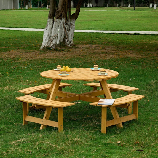 8-Person Round Outdoor Picnic Table with 4 Built-in Benches - Natural Weather Resistant Wood for Garden, Backyard, Patio