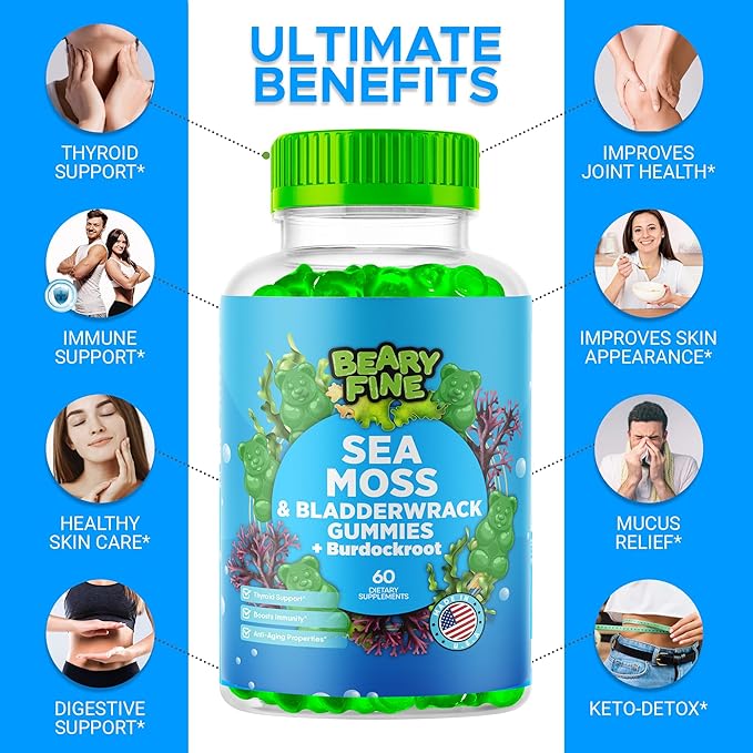 Sea Moss Gummies & Apple Cider Vinegar - Burdock Root + Bladderwrack - 102 Minerals for Daily Wellness & Nutrient Support - 60 Seamoss Gummies for Kids & Adults - Made in The USA