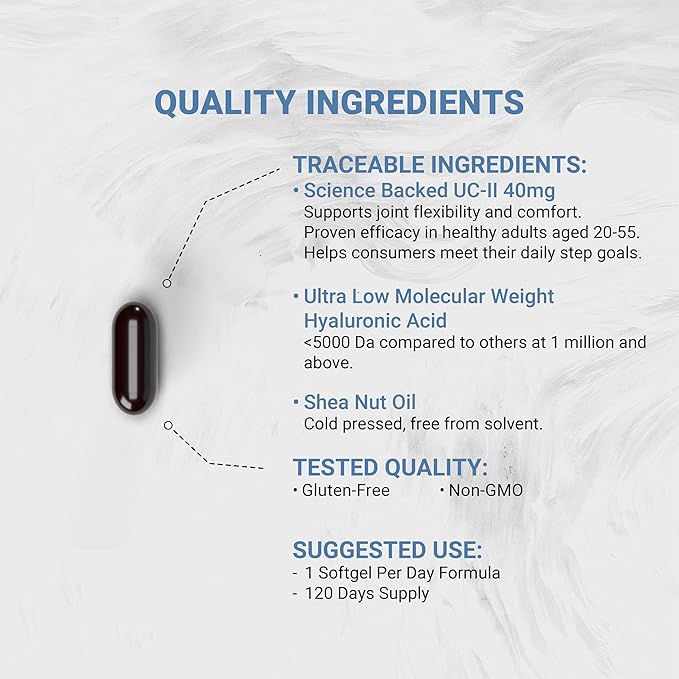 UC-II 40 mg with Hyaluronic Acid and Shea Nut Oil | Enhanced Undenatured Type II Collagen for Better Joint Health, Mobility & Flexibility | Gluten-Free & Non-GMO | 120 Softgels