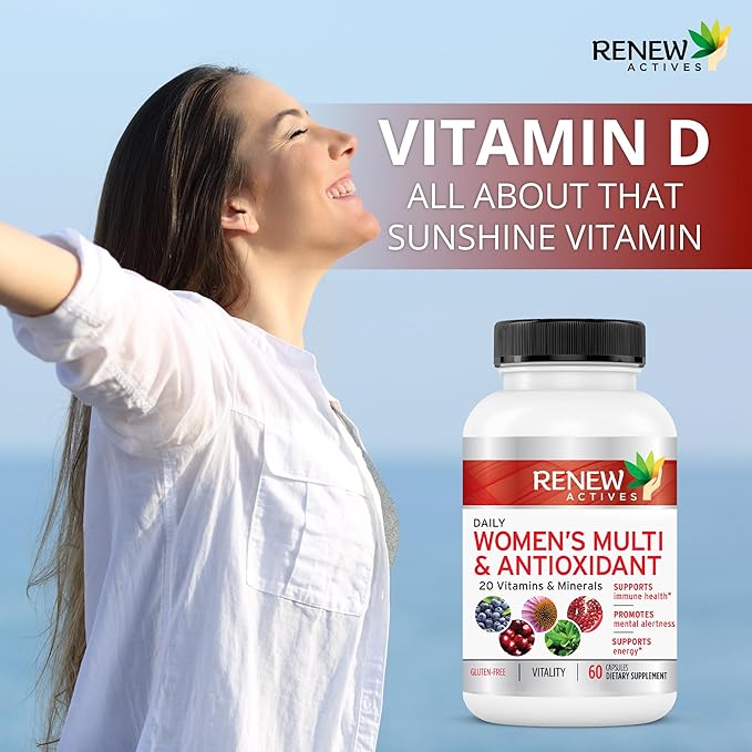 Renew Actives Women's Multi-Vitamin & Antioxidant: Daily Health Supplement - 22 Vitamins & Minerals for Energy & Mental Alertness, 2 Capsules per Serving - 60 Capsules