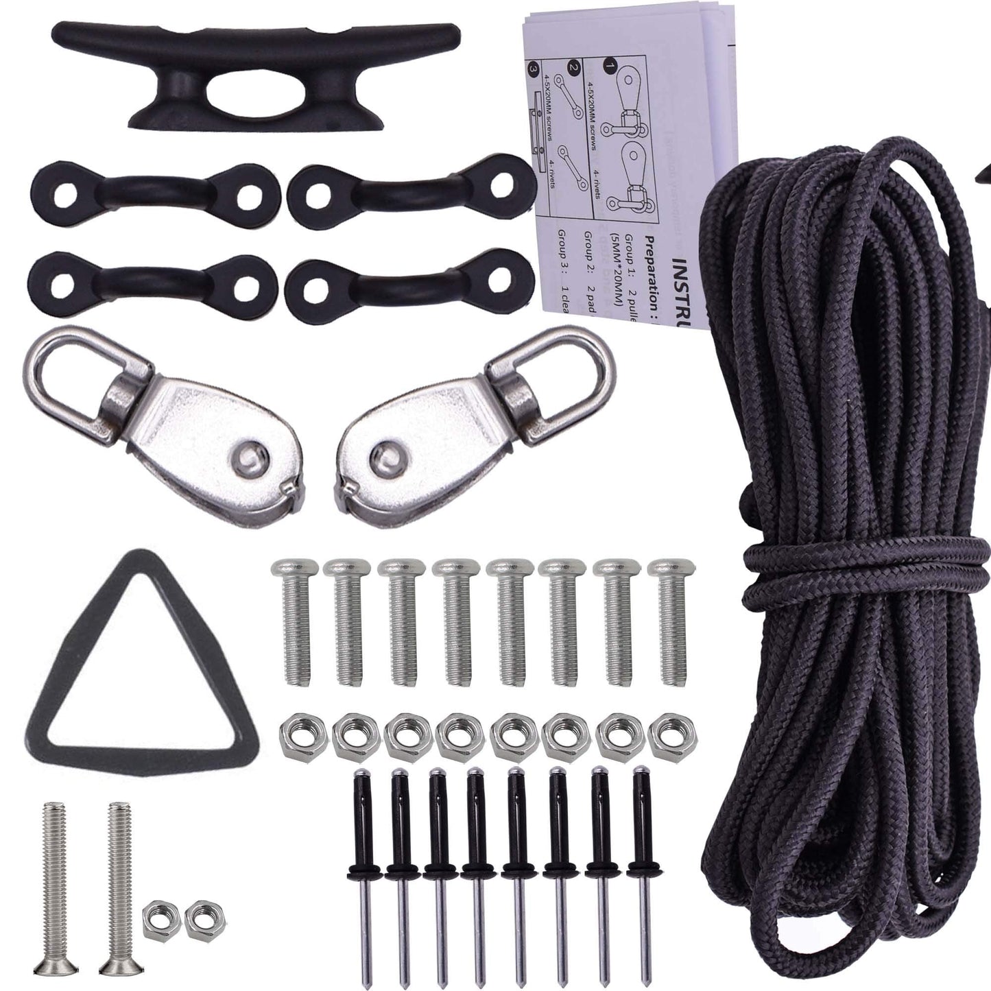 Kayak Canoes Anchor Trolley Kit System w/Pulleys Pad Eye Cleats Ring 30 Feet of Rope