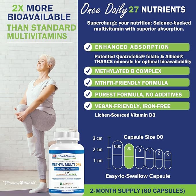 Power By Naturals Methyl Multi One – Iron-Free Methylated Multivitamin for Men & Women with B12 Methylcobalamin, P5P, Folate (5-MTHF), CoQ10 & Zinc for Energy & MTHFR Support, 60 Capsules (2-PK)