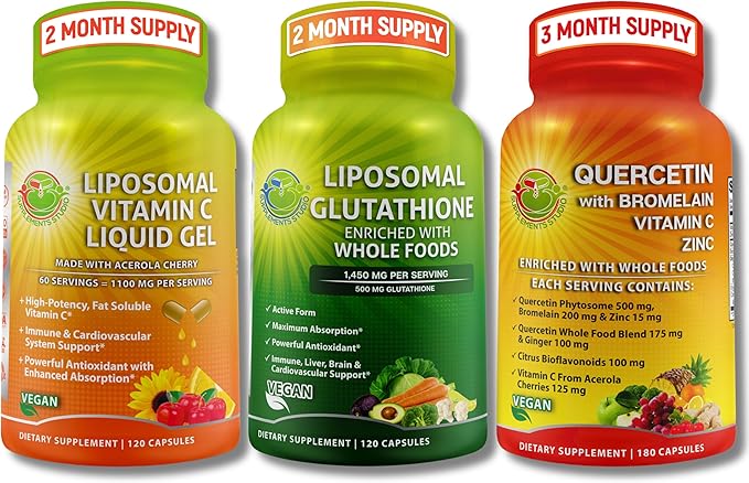 SUPPLEMENTS STUDIO Total Immune Support & Antioxidant Bundle – Liposomal Glutathione 500mg + Liposomal Vitamin C Liquid Gel 1100mg + Quercetin 500mg with Bromelain, Zinc & Organic Whole Foods
