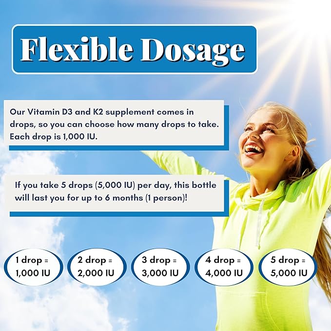 Vitamin D3 K2 Liquid Drops - Vegan Vitamin D3 5000 IU, Vitamin D Drops Adult, No Fillers, Non-GMO, No Taste, Liquid Vitamin d3 with k2 Supplement to Boost Energy Levels, Mood, Immune System, 1 fl oz