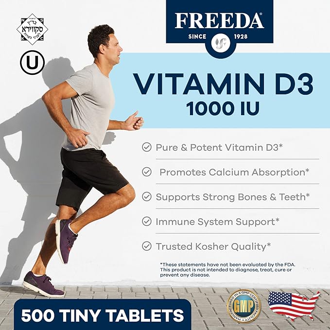 FREEDA Vitamin D3-1000 IU - Pure High Potency Kosher Supplement Tablets - Bone and Muscle Health, Calcium Absorption, Immune Support for Men and Women* - 500 Count